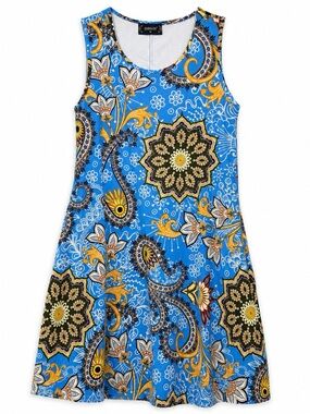ENMAIN Blue Paisley Medallion Pockets Sleeveless Shift Dress Boho Resort Coastal